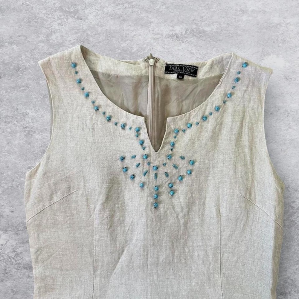 Dual View Beige Linen Beaded Sleeveless Midi Sheath Dress Turquoise Beading‎ - Picture 4 of 8